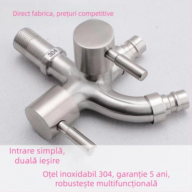 Robinet multifuncțional pentru mașina de spălat, 1 intrare, 2 ieșiri; oțel inoxidabil; montaj pe perete; model 304; intervalul de temperatură 0–90°C