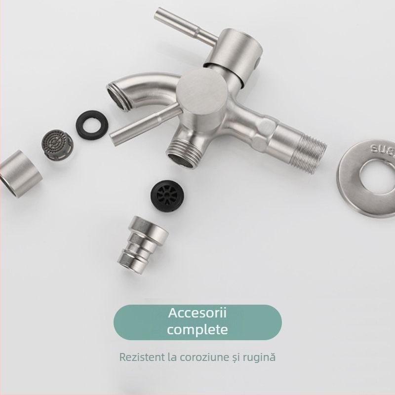 Robinet multifuncțional pentru mașina de spălat, 1 intrare, 2 ieșiri; oțel inoxidabil; montaj pe perete; model 304; intervalul de temperatură 0–90°C