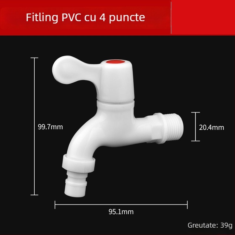 Robinet din plastic pentru mașina de spălat, apă rece, montaj în perete, intrare/ieșire 15 mm, supapă ceramică