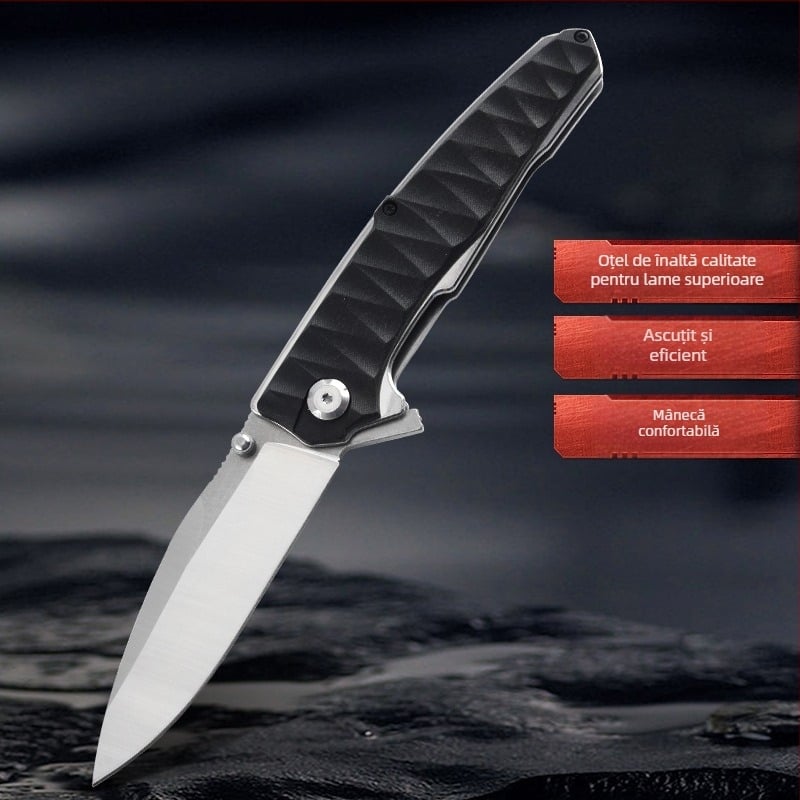 Cuțit pliabil de buzunar, lamă din oțel D2, deschidere asistată prin rulmenți, mâner din ABS și oțel inoxidabil