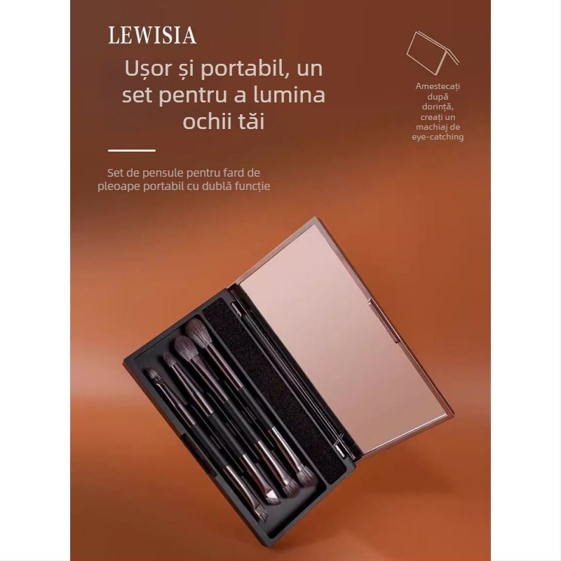 Pensulă pentru fard de ochi, dublă față, cu oglindă – portabilă, 1 pensulă, fibre: sintetice + păr de capră