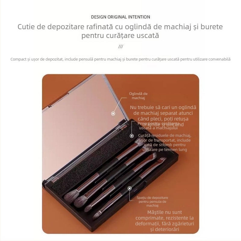 Pensulă pentru fard de ochi, dublă față, cu oglindă – portabilă, 1 pensulă, fibre: sintetice + păr de capră