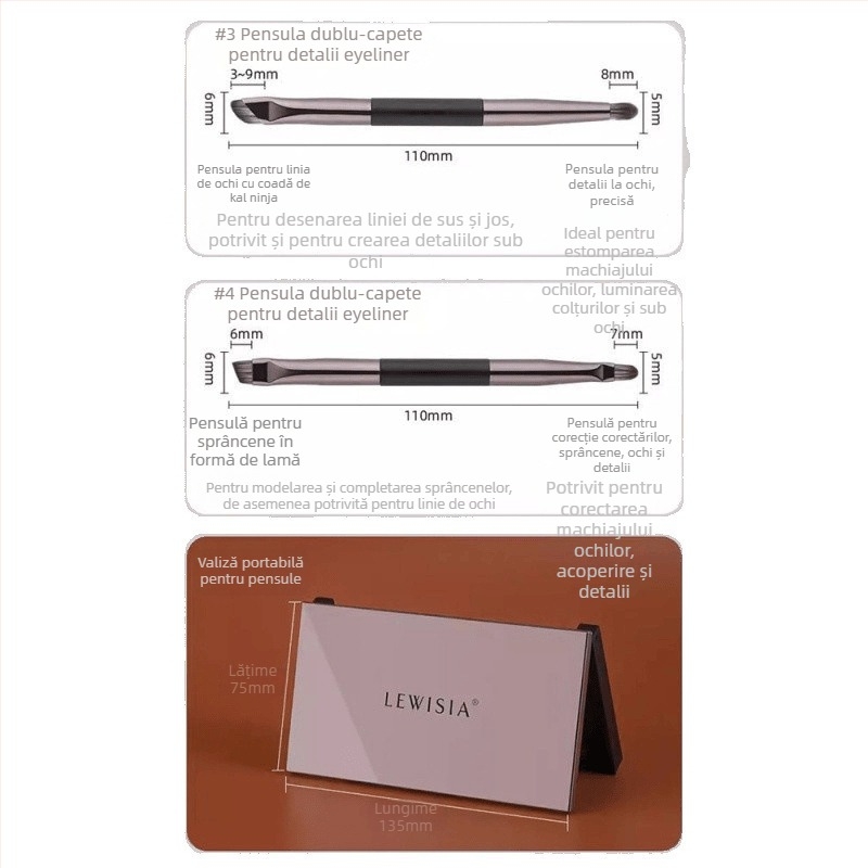 Pensulă pentru fard de ochi, dublă față, cu oglindă – portabilă, 1 pensulă, fibre: sintetice + păr de capră
