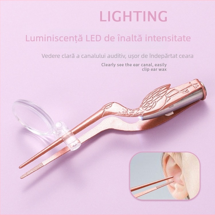 Instrument de curățare a urechilor cu lumină pentru copii, bețișor luminos pentru urechi și pensetă din oțel inoxidabil
