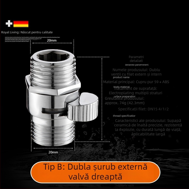 Cap de duș din cupru cu valvă în linie dreaptă, model 4 puncte, deschidere cu cheie