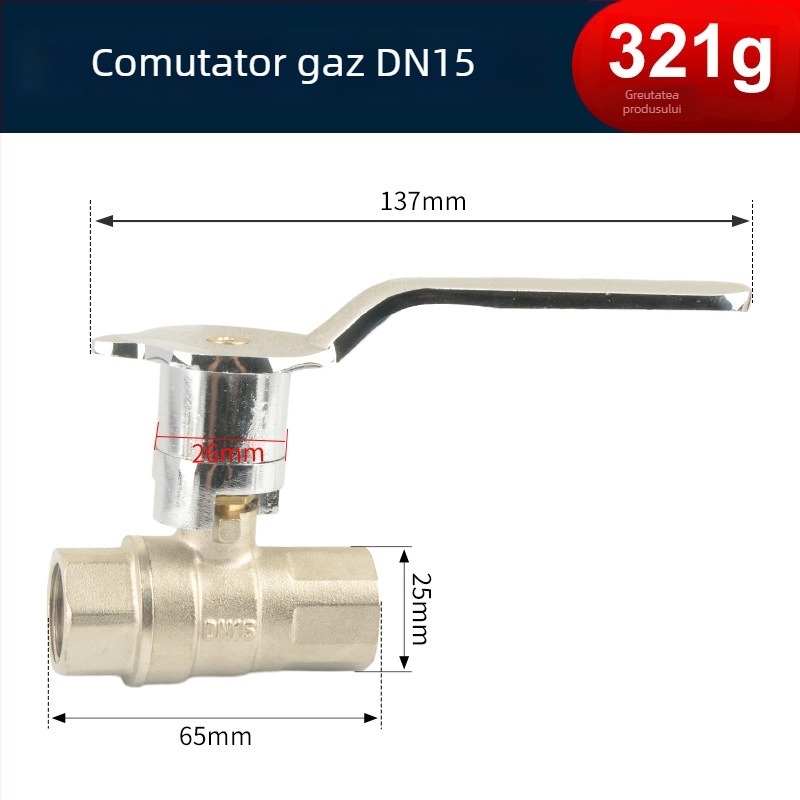 Supapă de gaz pentru plită, din cupru, tip sferic, montaj frontal, deschidere rapidă