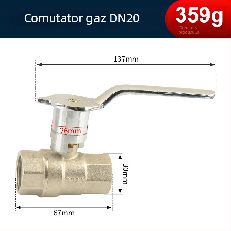 Supapă de gaz pentru plită, din cupru, tip sferic, montaj frontal, deschidere rapidă