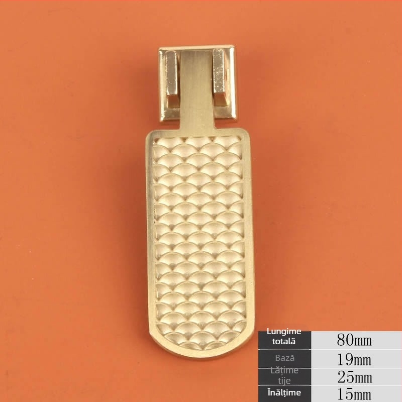 Mâner semicerc cu aspect solzi de pește – aliaj zinc, placare cu cupru, electropolizare; distanța dintre găuri 64/96 mm; model DD076; pentru dulapuri, garderobă și sertare