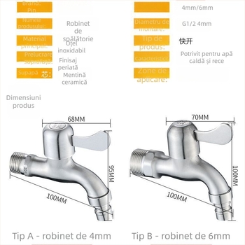 Robinet din oțel inoxidabil pentru mașina de spălat – deschidere rapidă, montaj deschis/ascuns, model JL104841JL104861, 2.5 bar, 0–90°C
