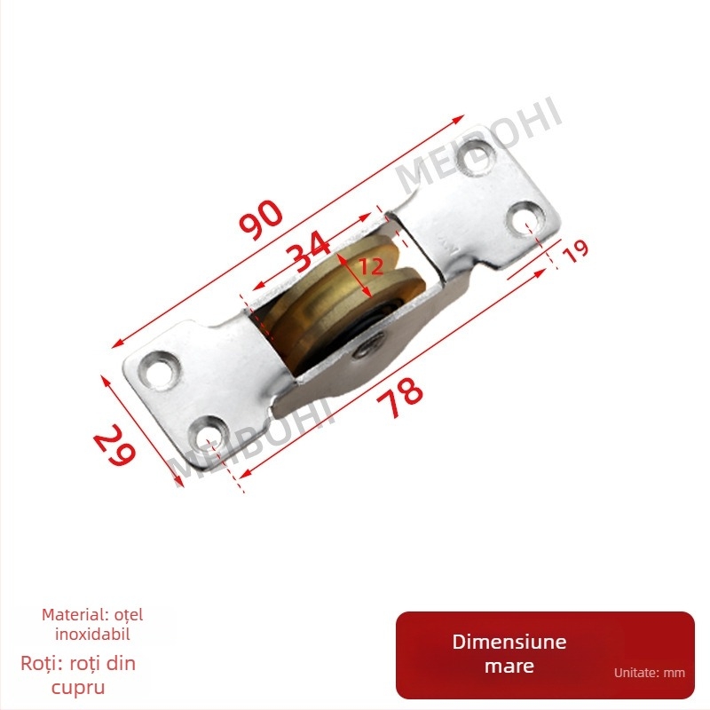 Rola/pulie pentru uși glisante cu rulmenți dubli – roată grea pentru șine; material oțel + cupru, grosime perete 2 mm, rază canelură pentru frânghie 20 mm, model 388, sarcină maximă 200 kg