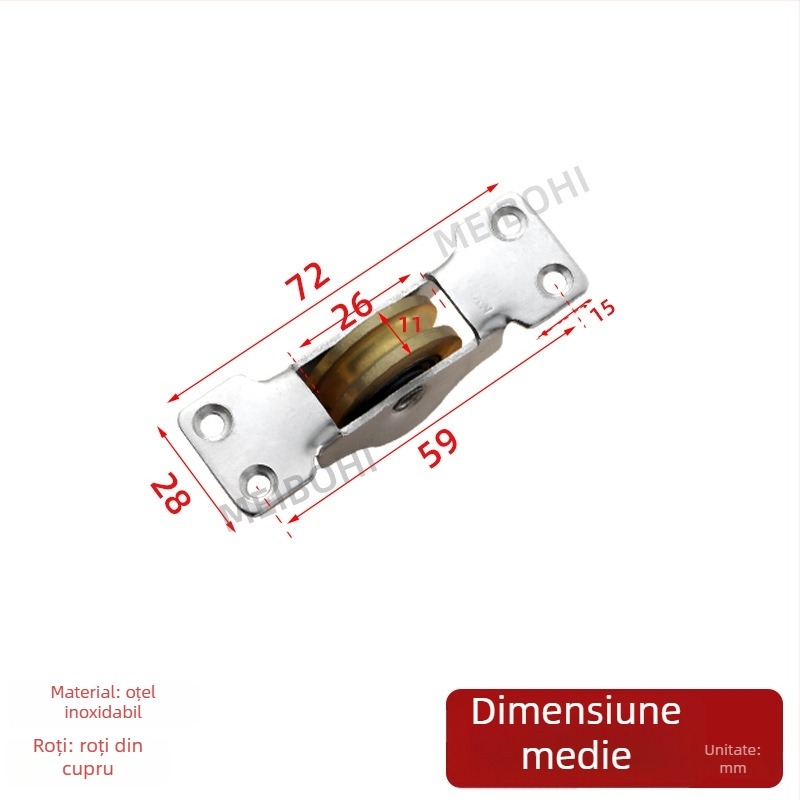 Rola/pulie pentru uși glisante cu rulmenți dubli – roată grea pentru șine; material oțel + cupru, grosime perete 2 mm, rază canelură pentru frânghie 20 mm, model 388, sarcină maximă 200 kg