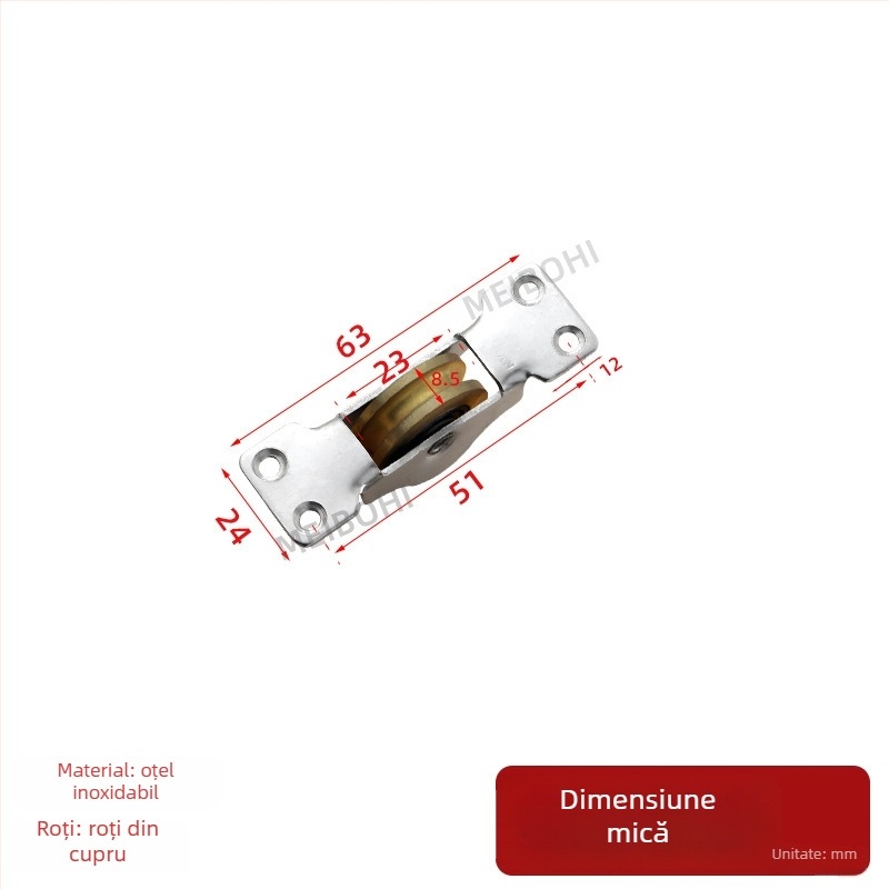 Rola/pulie pentru uși glisante cu rulmenți dubli – roată grea pentru șine; material oțel + cupru, grosime perete 2 mm, rază canelură pentru frânghie 20 mm, model 388, sarcină maximă 200 kg
