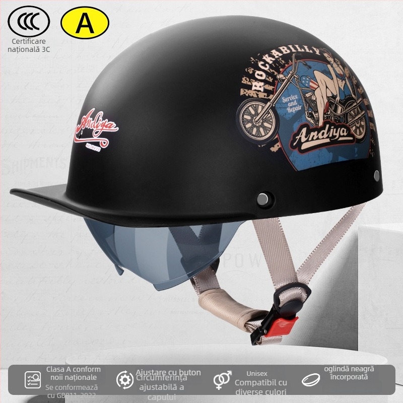 Casca half-helmet Andia pentru motociclete, ABS, certificat 3C, pentru adulți, potrivită pentru toate sezoanele