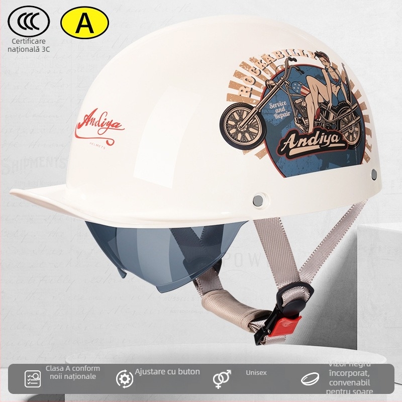 Casca half-helmet Andia pentru motociclete, ABS, certificat 3C, pentru adulți, potrivită pentru toate sezoanele