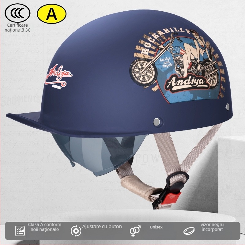 Casca half-helmet Andia pentru motociclete, ABS, certificat 3C, pentru adulți, potrivită pentru toate sezoanele