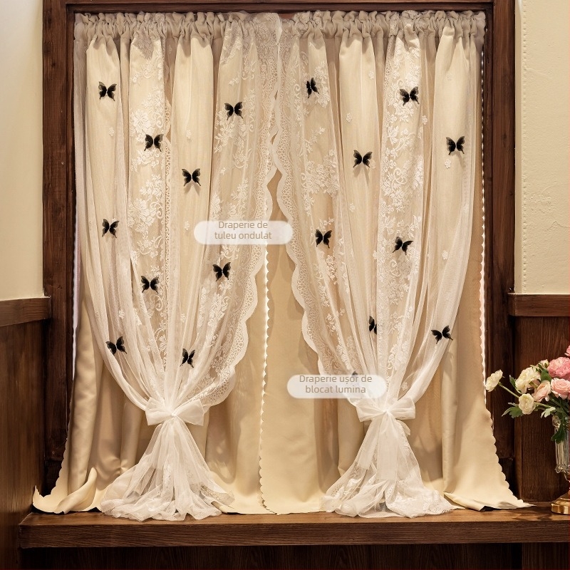 Cortină dublu strat blackout cu plasă integrată, din flanel, izolare fonică, stil modern minimalist, perdea de ușă din dantelă în stil prințesă