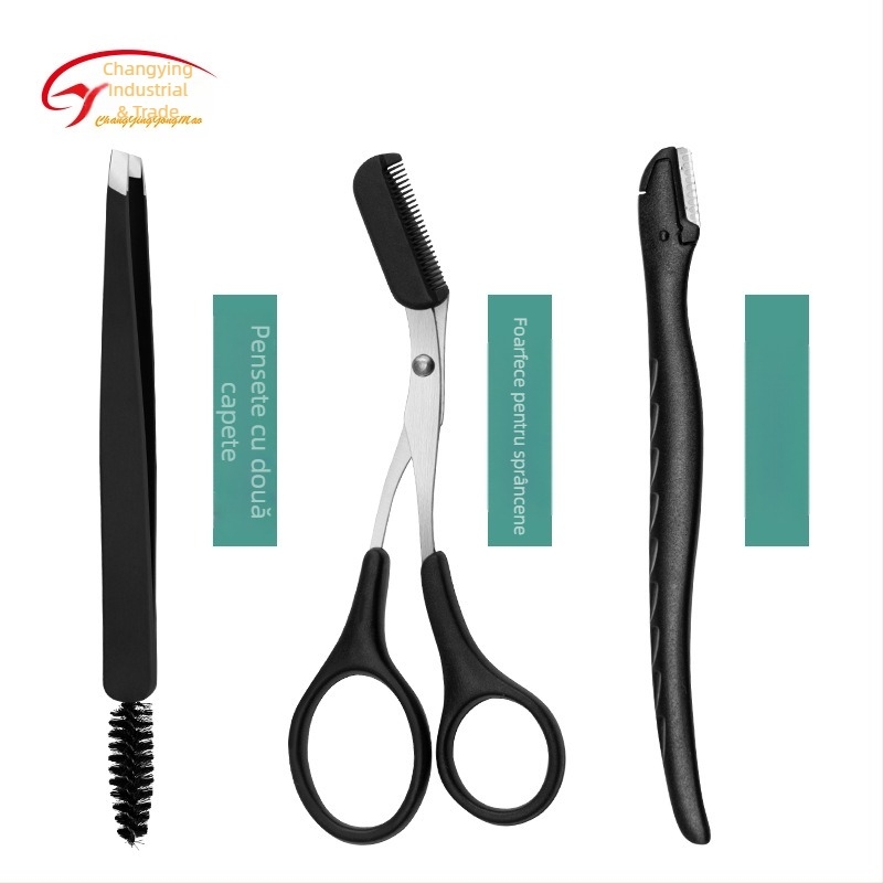 Set de unelte de frumusețe din oțel inoxidabil: clemă pentru sprânene cu margine înclinată, foarfece pentru sprânene și pieptene, set de 3 piese