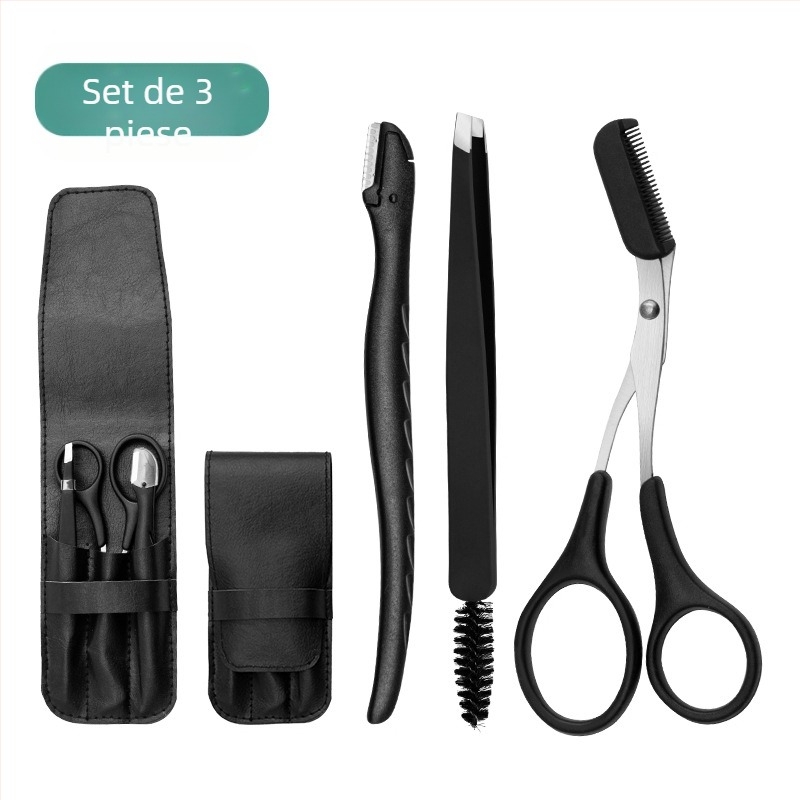Set de unelte de frumusețe din oțel inoxidabil: clemă pentru sprânene cu margine înclinată, foarfece pentru sprânene și pieptene, set de 3 piese