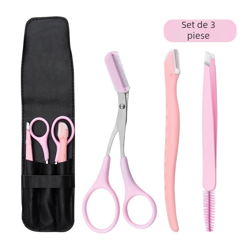 Set de unelte de frumusețe din oțel inoxidabil: clemă pentru sprânene cu margine înclinată, foarfece pentru sprânene și pieptene, set de 3 piese
