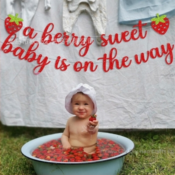 Banner tematic cu căpșuni pentru primul an de naștere – panglică de hârtie pentru decorarea spațiului