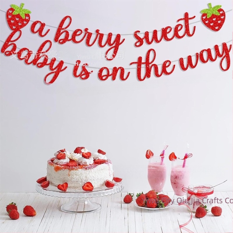 Banner tematic cu căpșuni pentru primul an de naștere – panglică de hârtie pentru decorarea spațiului