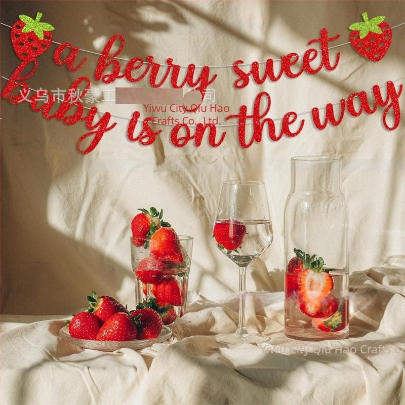 Banner tematic cu căpșuni pentru primul an de naștere – panglică de hârtie pentru decorarea spațiului