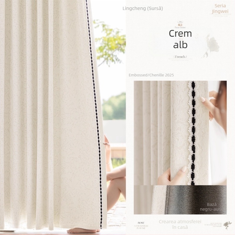 Cortine Chenille Jacquard – blackout total 90-100% – stil francez – model cu plante și flori