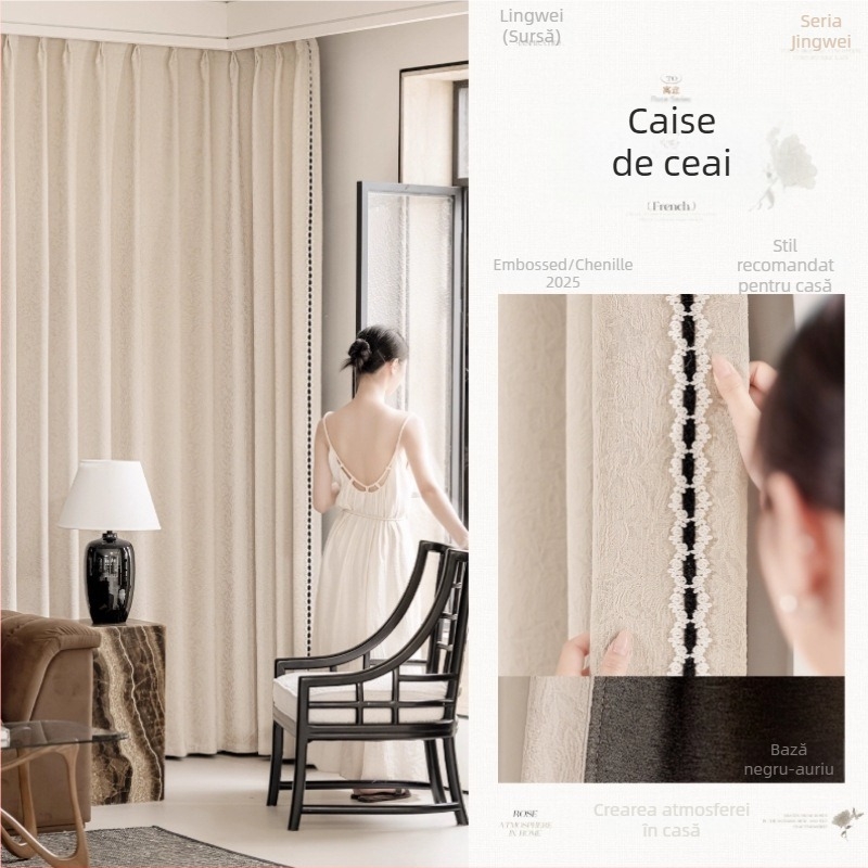 Cortine Chenille Jacquard – blackout total 90-100% – stil francez – model cu plante și flori