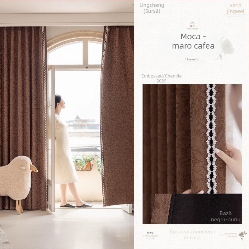 Cortine Chenille Jacquard – blackout total 90-100% – stil francez – model cu plante și flori