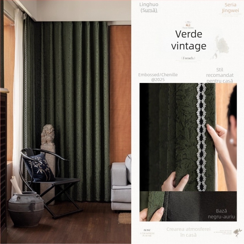 Cortine Chenille Jacquard – blackout total 90-100% – stil francez – model cu plante și flori