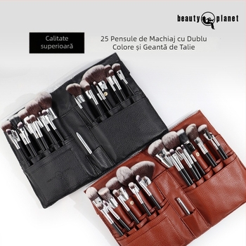 Set de pensule de machiaj, 25 bucăți, fibre nylon, mânere din lemn, în husă pentru pensule