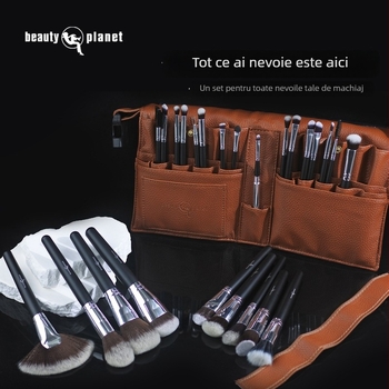 Set de pensule de machiaj, 25 bucăți, fibre nylon, mânere din lemn, în husă pentru pensule