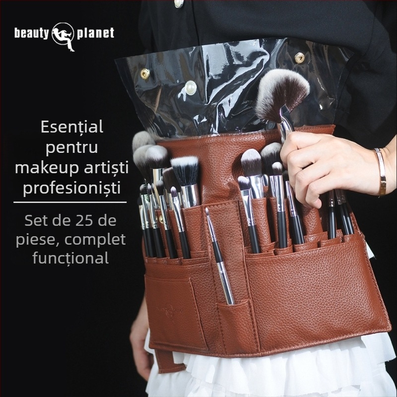 Set de pensule de machiaj, 25 bucăți, fibre nylon, mânere din lemn, în husă pentru pensule