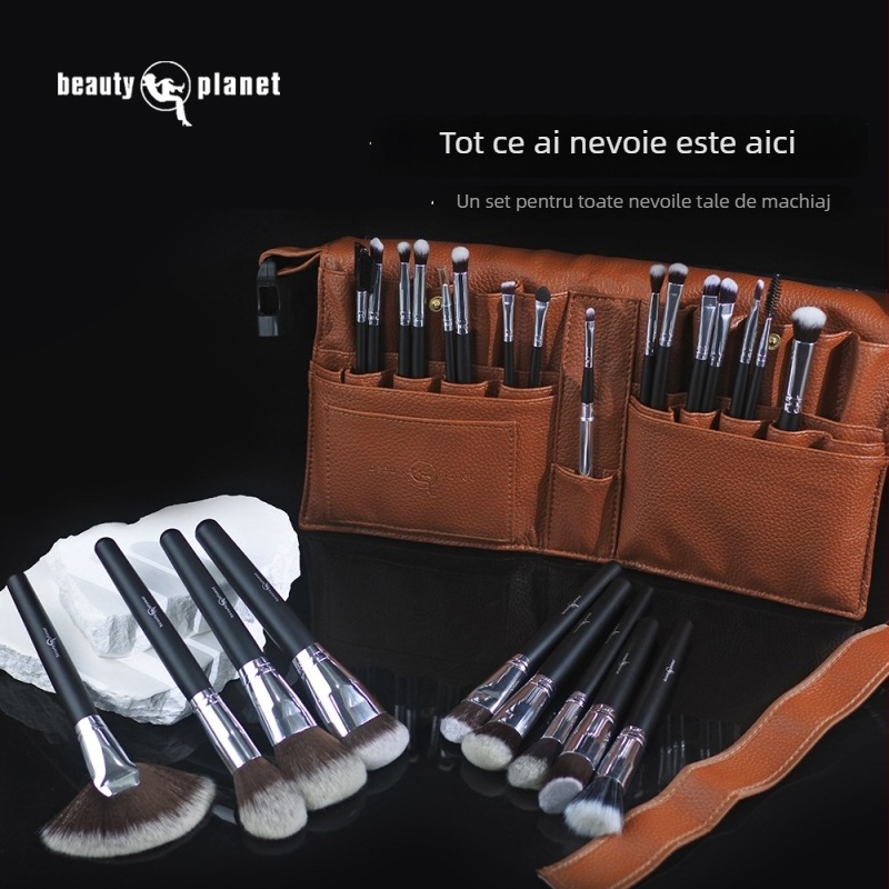 Set de pensule de machiaj, 25 bucăți, fibre nylon, mânere din lemn, în husă pentru pensule