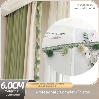 Dantelă cu bile de blană pentru perdea, material poliester + bilă de lână, Model 1, Potrivit pentru toate tipurile de perdele, Stil fashion