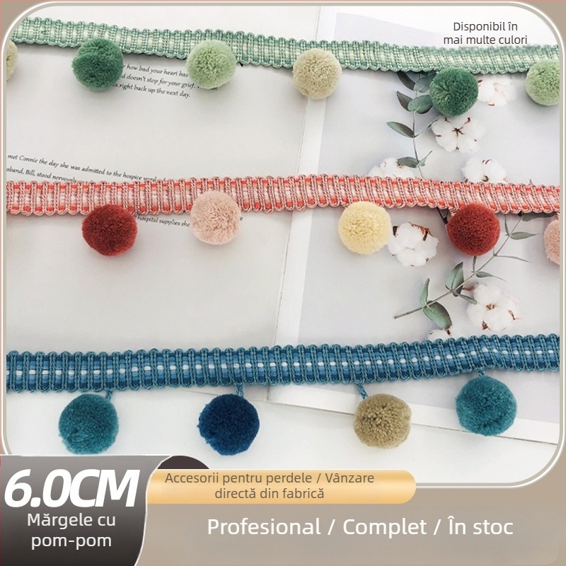 Dantelă cu bile de blană pentru perdea, material poliester + bilă de lână, Model 1, Potrivit pentru toate tipurile de perdele, Stil fashion