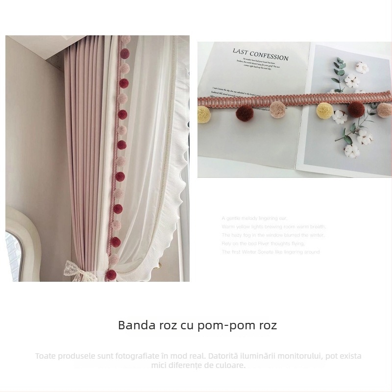 Dantelă cu bile de blană pentru perdea, material poliester + bilă de lână, Model 1, Potrivit pentru toate tipurile de perdele, Stil fashion