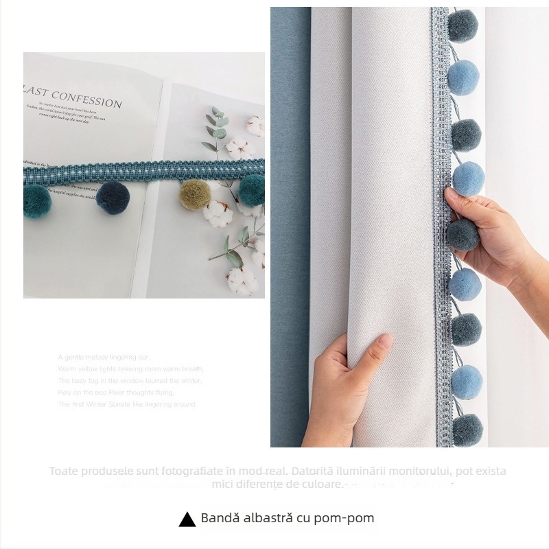 Dantelă cu bile de blană pentru perdea, material poliester + bilă de lână, Model 1, Potrivit pentru toate tipurile de perdele, Stil fashion