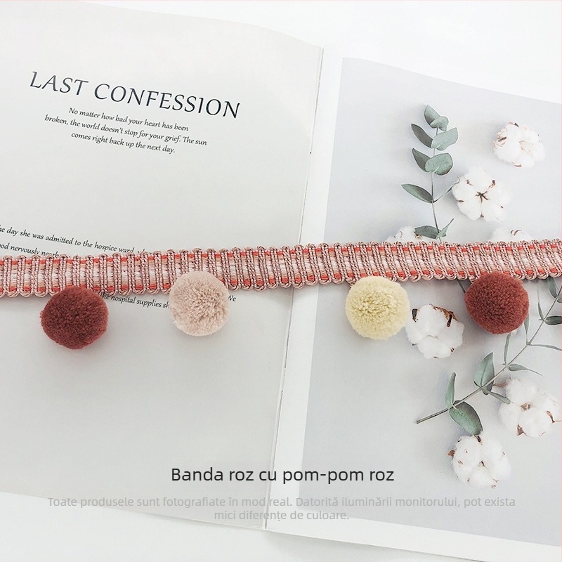 Dantelă cu bile de blană pentru perdea, material poliester + bilă de lână, Model 1, Potrivit pentru toate tipurile de perdele, Stil fashion