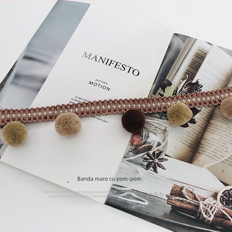 Dantelă cu bile de blană pentru perdea, material poliester + bilă de lână, Model 1, Potrivit pentru toate tipurile de perdele, Stil fashion