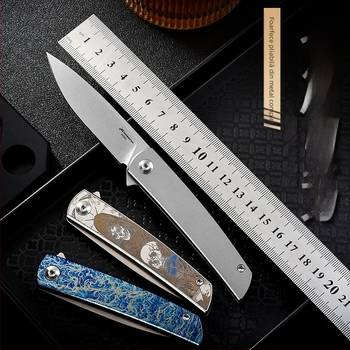 Briceag pliere M390 din aliaj de titan, lamă 7,4 cm, PioneerEDC, compact pentru camping în aer liber