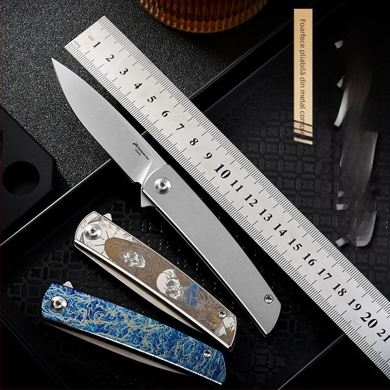 Briceag pliere M390 din aliaj de titan, lamă 7,4 cm, PioneerEDC, compact pentru camping în aer liber