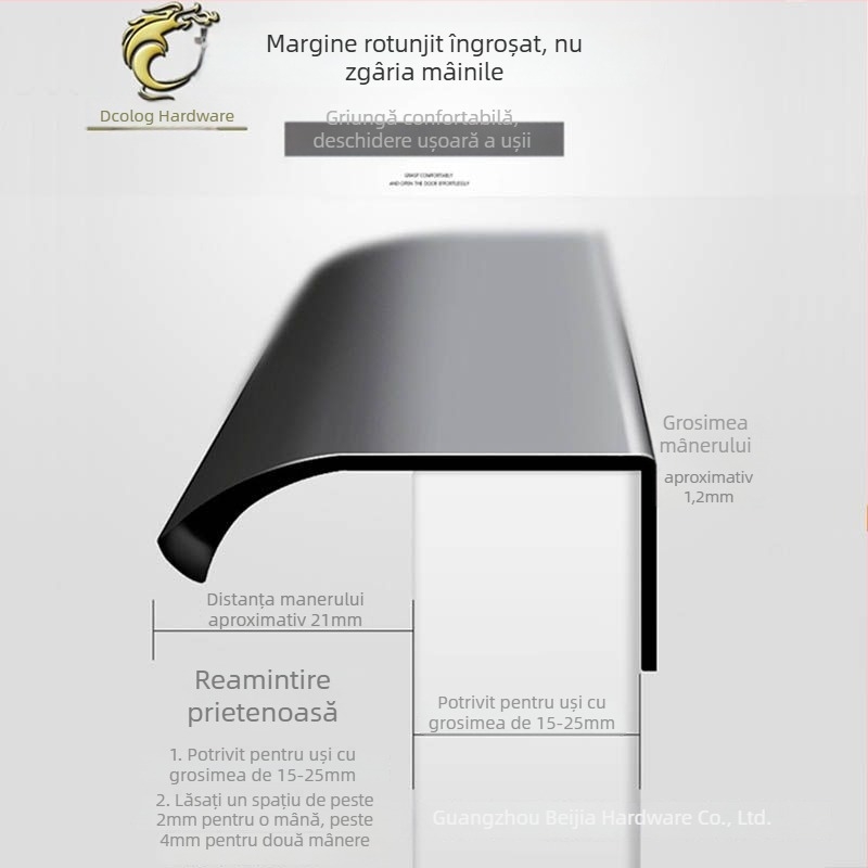 Mâner ascuns pentru ușă de dulap, aliaj de aluminiu, model F2, fără găuri, montaj pe partea laterală, acoperire anodizată în mai multe straturi