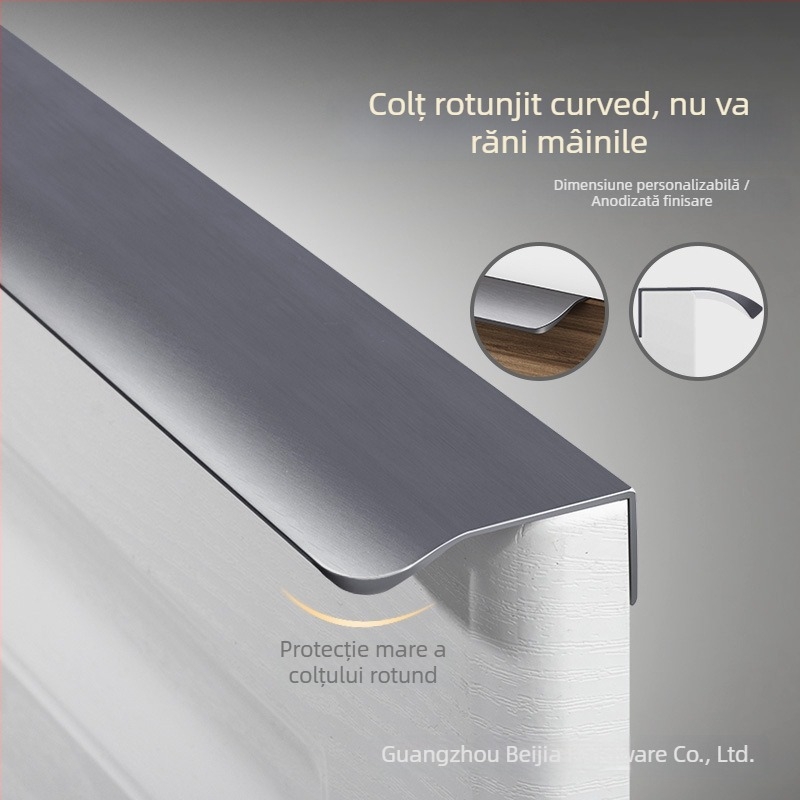 Mâner ascuns pentru ușă de dulap, aliaj de aluminiu, model F2, fără găuri, montaj pe partea laterală, acoperire anodizată în mai multe straturi