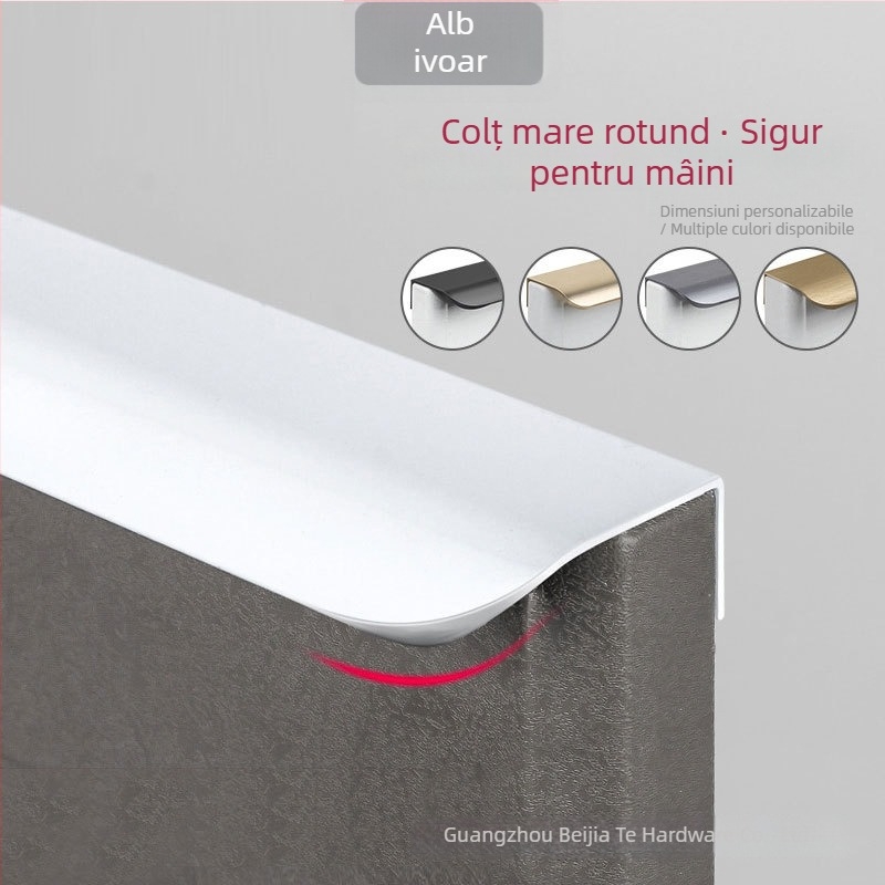 Mâner ascuns pentru ușă de dulap, aliaj de aluminiu, model F2, fără găuri, montaj pe partea laterală, acoperire anodizată în mai multe straturi