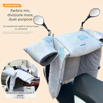 Protecție împotriva vântului pentru vehicule electrice (pânză Oxford, impermeabilă, reutilizabilă) — Brand Warm shell line; destinat tricicletelor, motocicletelor și vehiculelor electrice