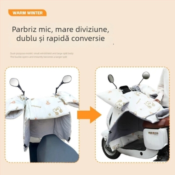 Protecție împotriva vântului pentru vehicule electrice (pânză Oxford, impermeabilă, reutilizabilă) — Brand Warm shell line; destinat tricicletelor, motocicletelor și vehiculelor electrice