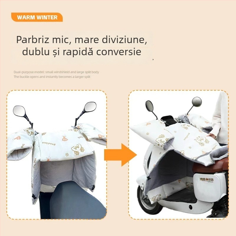 Protecție împotriva vântului pentru vehicule electrice (pânză Oxford, impermeabilă, reutilizabilă) — Brand Warm shell line; destinat tricicletelor, motocicletelor și vehiculelor electrice