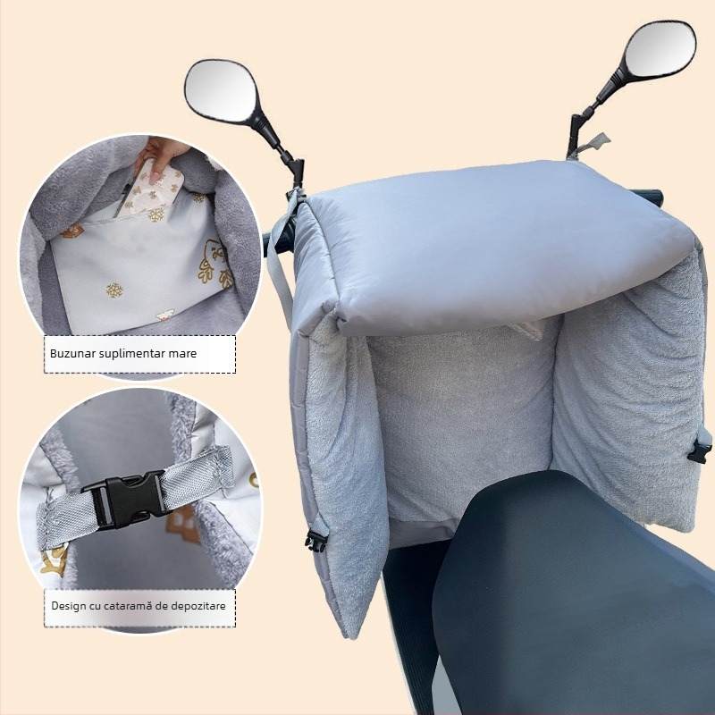 Protecție împotriva vântului pentru vehicule electrice (pânză Oxford, impermeabilă, reutilizabilă) — Brand Warm shell line; destinat tricicletelor, motocicletelor și vehiculelor electrice