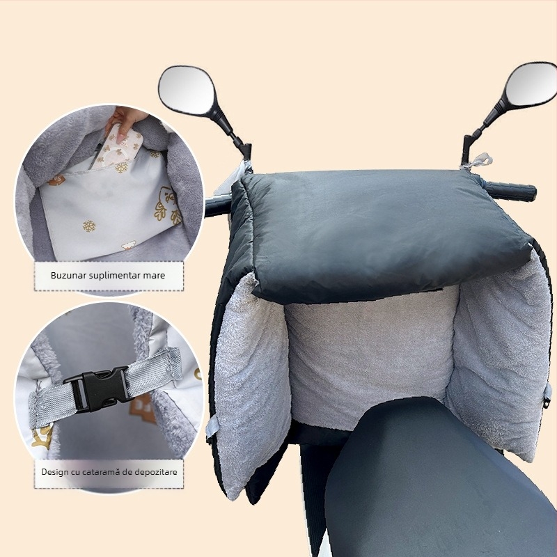 Protecție împotriva vântului pentru vehicule electrice (pânză Oxford, impermeabilă, reutilizabilă) — Brand Warm shell line; destinat tricicletelor, motocicletelor și vehiculelor electrice